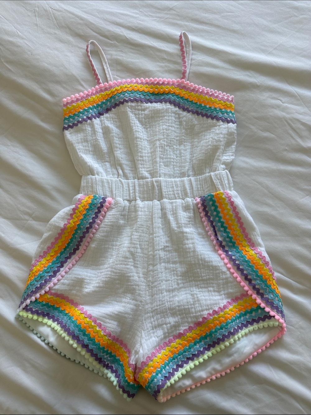 NWT: Lola + The Boys White Cotton Romper with Rainbow Ric-Rac Trim